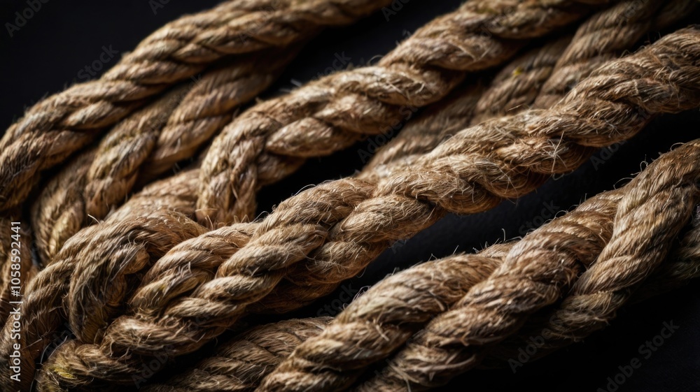 A close-up of a knotted rope on a dark background highlighting the texture and detail of the material A close-up of a knotted rope on a dark background highlighting the texture and detail of the material