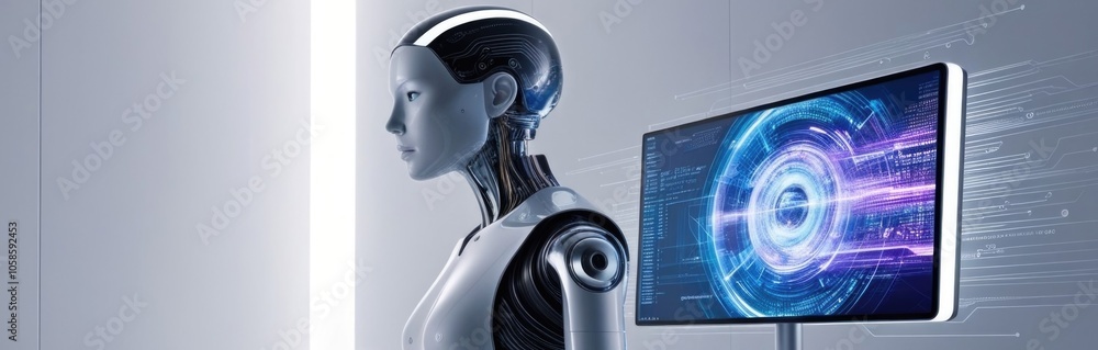 A humanoid robot with intricate circuitry stands in a futuristic environment, showcasing advanced technology and design A humanoid robot with intricate circuitry stands in a futuristic environment, showcasing advanced technology and design