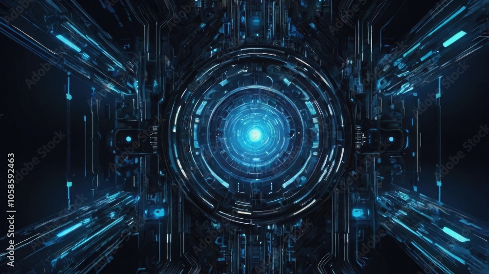 Abstract digital design with a central glowing orb surrounded by intricate circuit patterns at night Abstract digital design with a central glowing orb surrounded by intricate circuit patterns at night