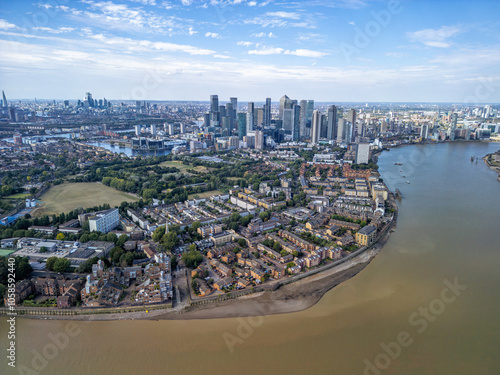 Photography The drone aerial view of the Canary Wharf business district and Dog Isle in London
