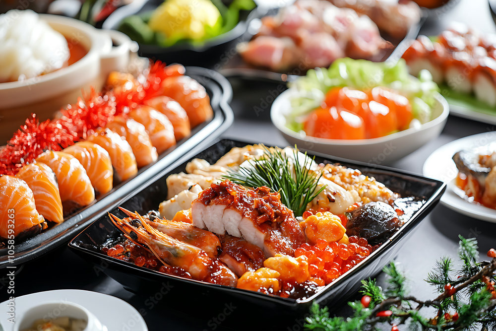 A lavish display of new year dishes celebrating tradition and culinary artistry with an exquisite feast A lavish display of new year dishes celebrating tradition and culinary artistry with an exquisite feast