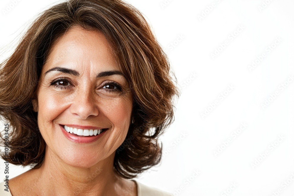 Joyful middle-aged latina smiling against a simple white background Joyful middle-aged latina smiling against a simple white background