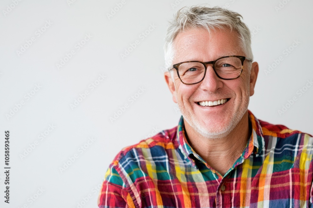 Friendly middle-aged man smiling in colorful checkered shirt against a plain background Friendly middle-aged man smiling in colorful checkered shirt against a plain background