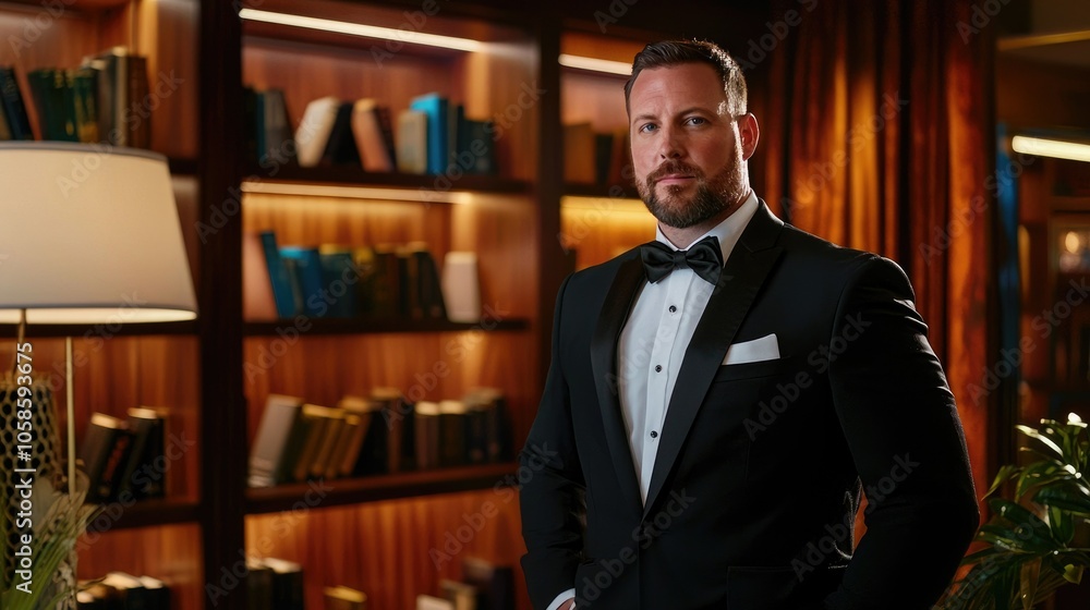 Elegant man in tuxedo posing in luxurious library setting during evening event Elegant man in tuxedo posing in luxurious library setting during evening event