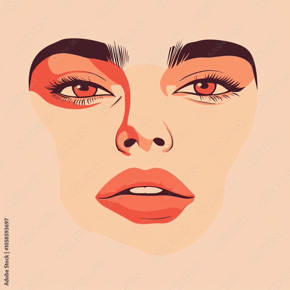 Symmetrical face, low detail, expressive eyes, flat design illustration Symmetrical face, low detail, expressive eyes, flat design illustration