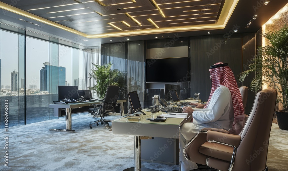 Man in office working with city view. Man in office working with city view.