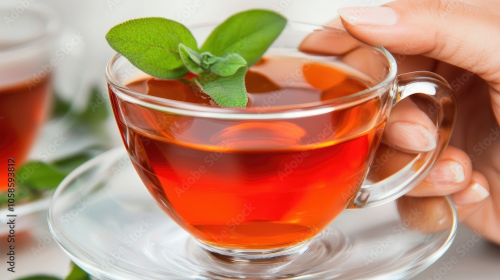 Close-Up of Herbal Tea Cup with Fresh Leaf Close-Up of Herbal Tea Cup with Fresh Leaf