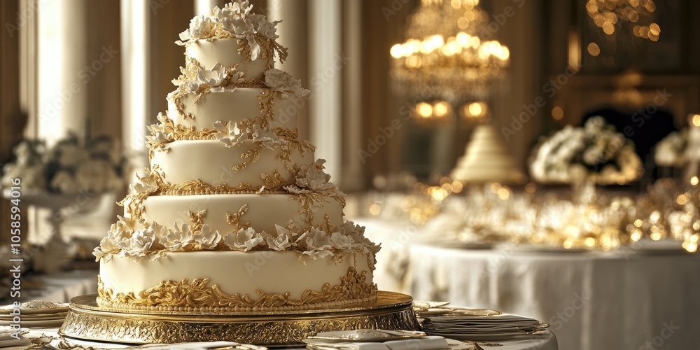 A graceful wedding cake adorned in gold is showcased prominently on a table, featuring a sophisticated and upscale design that emphasizes its elegance and charm.