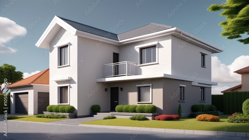 Modern suburban house with garage and landscaping on sunny day Modern suburban house with garage and landscaping on sunny day