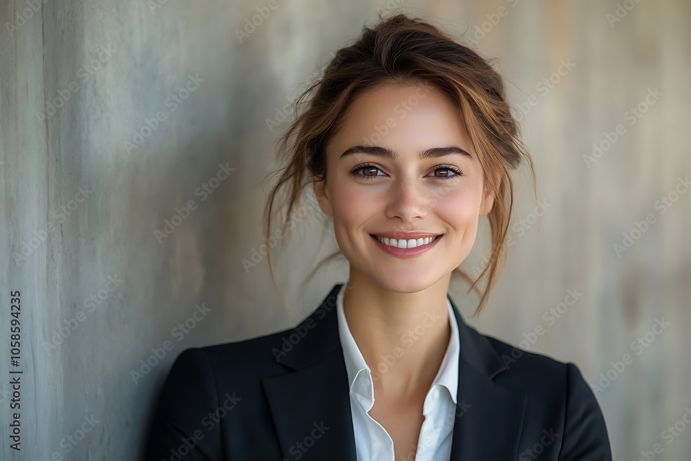 Confident Brunette Businesswoman Smiling Against Concrete Wall Confident Brunette Businesswoman Smiling Against Concrete Wall