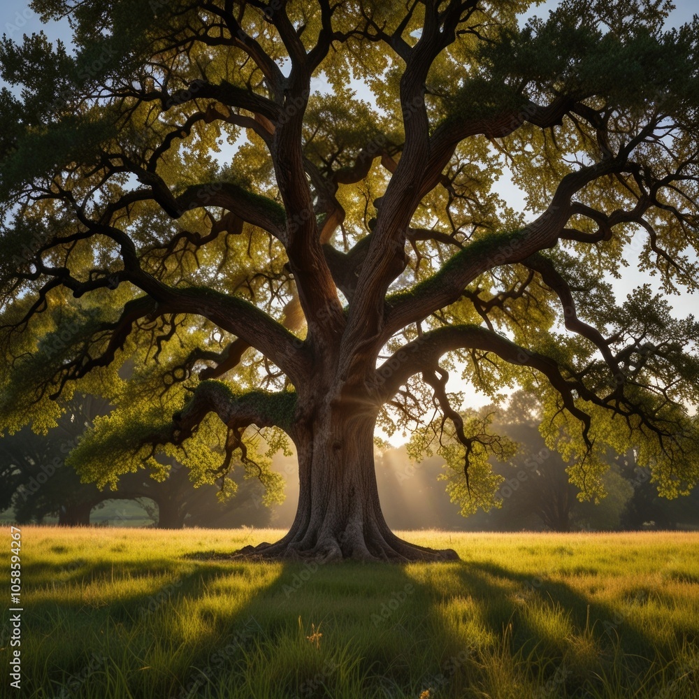 Fototapeta premium Mighty Oak Tree Standing in a Sunlit Meadow, Representing Strength and Growth in Nature