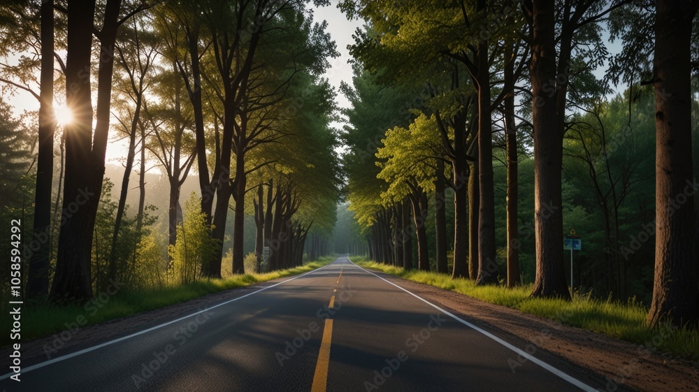 Fototapeta premium Serene Road Flanked by Trees on Either Side. A Tranquil and Peaceful Journey