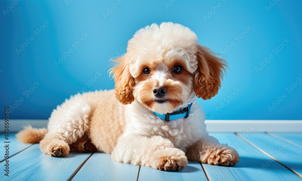 A cheerful dog with curly fur enjoys a cozy moment indoors on Blue Monday, bringing joy to the atmosphere A cheerful dog with curly fur enjoys a cozy moment indoors on Blue Monday, bringing joy to the atmosphere