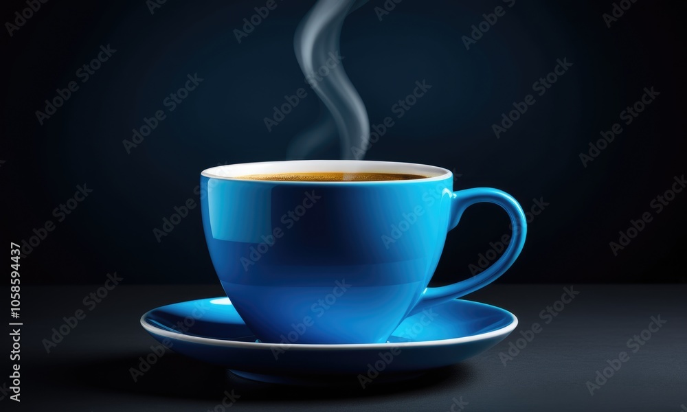 Fototapeta premium A steaming blue cup of coffee sits on a saucer highlighting the comfort of Blue Monday in a cozy indoor setting