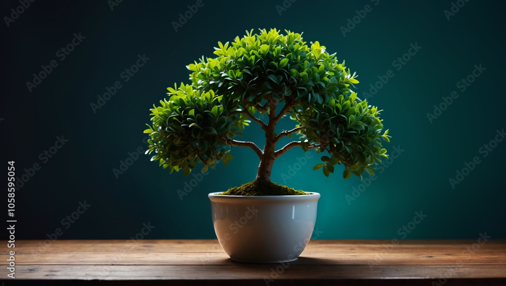 Detailed close-up of bonsai tree with symmetrical branches, small green leaves, and contrasting teal backdrop Detailed close-up of bonsai tree with symmetrical branches, small green leaves, and contrasting teal backdrop