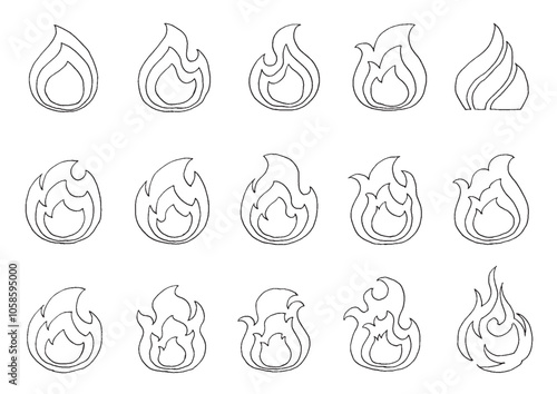 ペンで描いた炎・火の線画イラストセットB