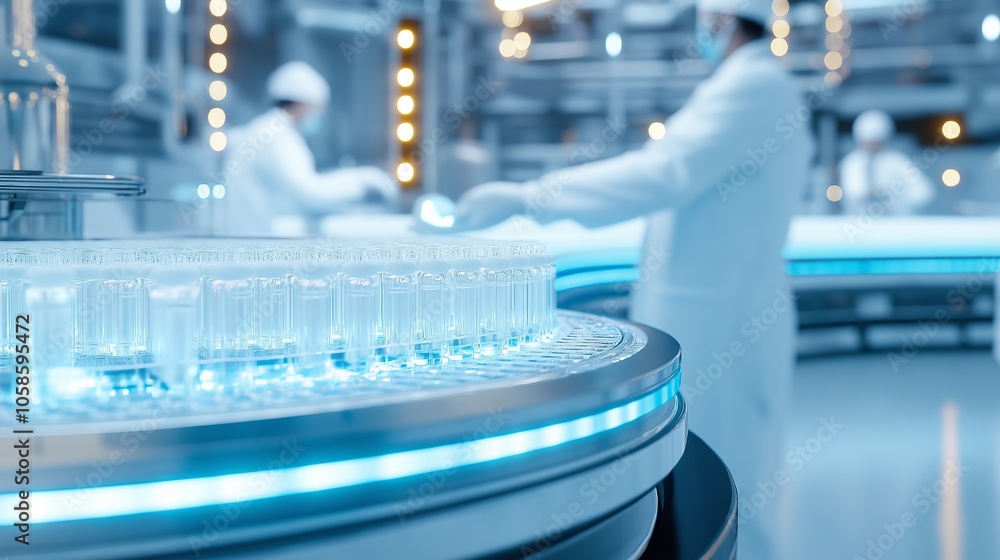 A high-tech factory production line with workers in lab coats, a conveyor belt filled with white vials of liquid and coins, clean bright lighting, and modern design elements, in a wide shot A high-tech factory production line with workers in lab coats, a conveyor belt filled with white vials of liquid and coins, clean bright lighting, and modern design elements, in a wide shot