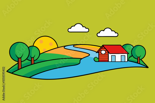 Create a serene cartoon countryside at sunset with rolling hills, a red barn, vibrant flower fields, a winding river reflecting the sky, and playful farm animals