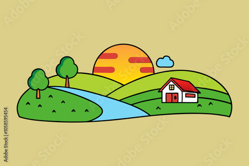 Create a serene cartoon countryside at sunset with rolling hills, a red barn, vibrant flower fields, a winding river reflecting the sky, and playful farm animals