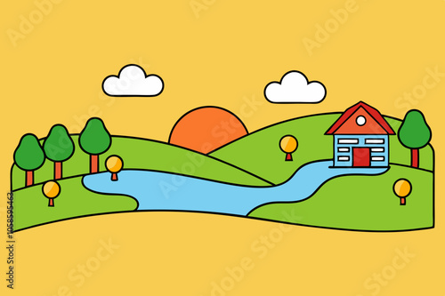 Create a serene cartoon countryside at sunset with rolling hills, a red barn, vibrant flower fields, a winding river reflecting the sky, and playful farm animals