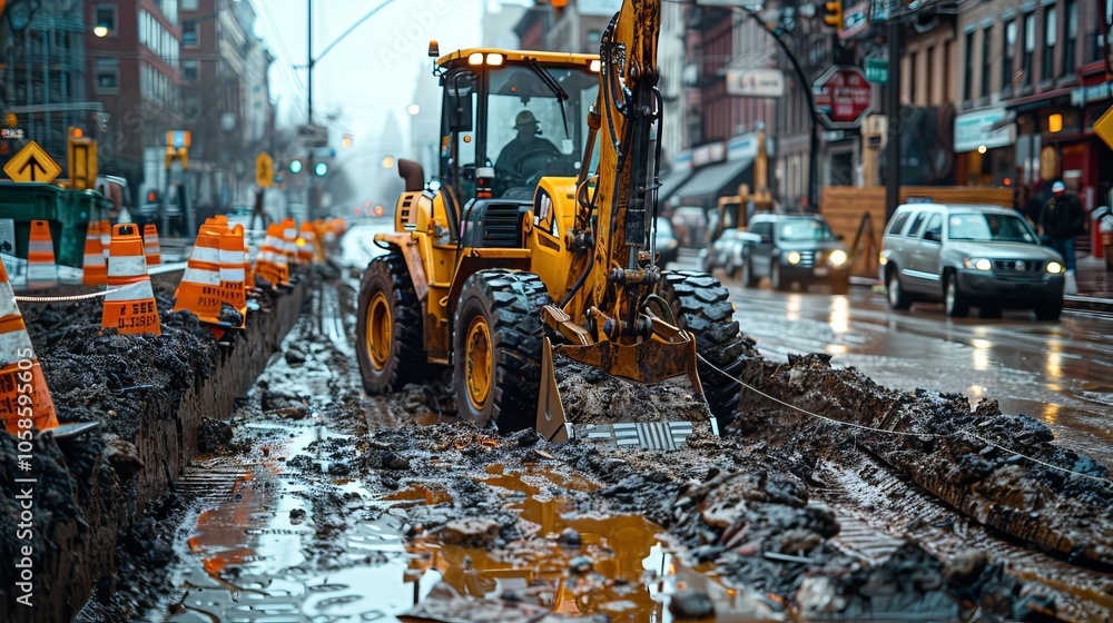 Yellow Excavator Digging Up City Street Yellow Excavator Digging Up City Street