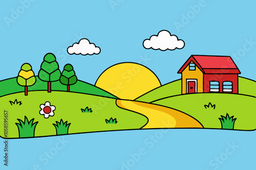 Create a serene cartoon countryside at sunset with rolling hills, a red barn, vibrant flower fields, a winding river reflecting the sky, and playful farm animals