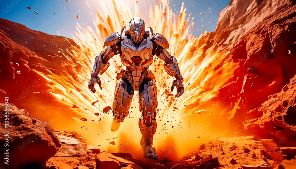 Fototapeta premium Astronaut in armored, robotic spacesuit in action on planet surface, Starship troopers, space exploration, galaxy study mission, space science. Explosion, unfriendly planet, space war, robot astronaut