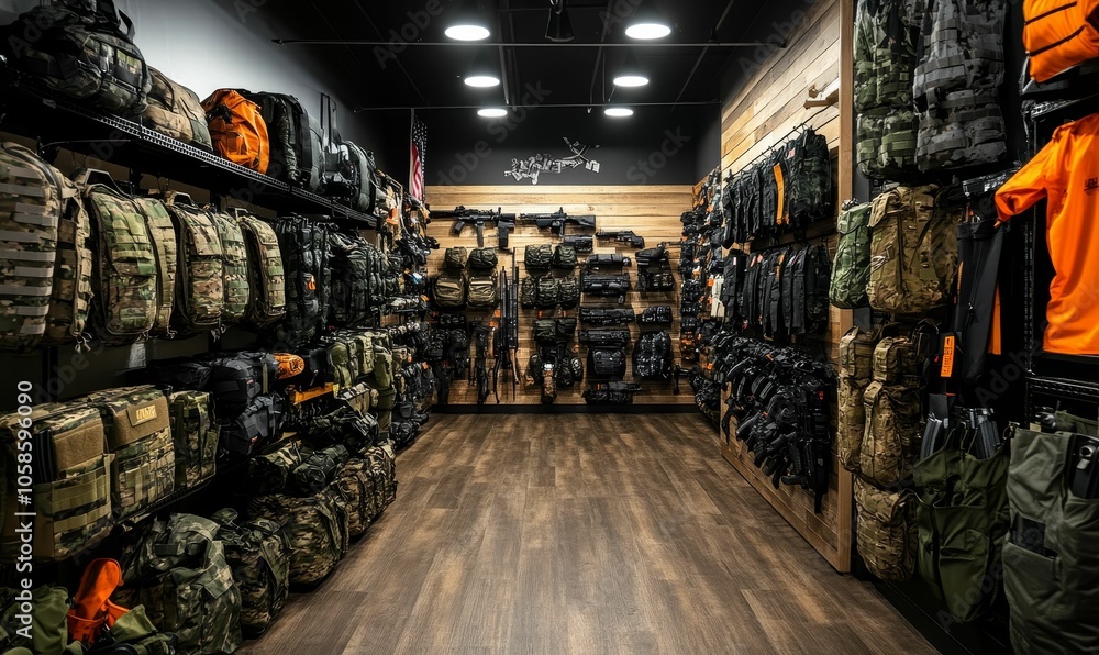 Camouflage gear and accessories displayed in a store. Camouflage gear and accessories displayed in a store.