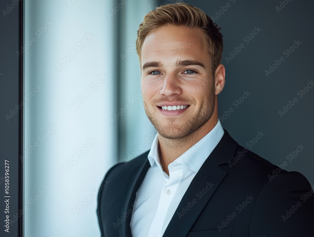 Confident young man in suit smiles warmly against a modern office backdrop during the day Confident young man in suit smiles warmly against a modern office backdrop during the day
