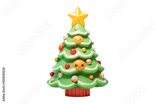 Kawaii cartoon Christmas tree with colorful ornaments and star. festive holiday celebration design, transparent background, PNG cutout.