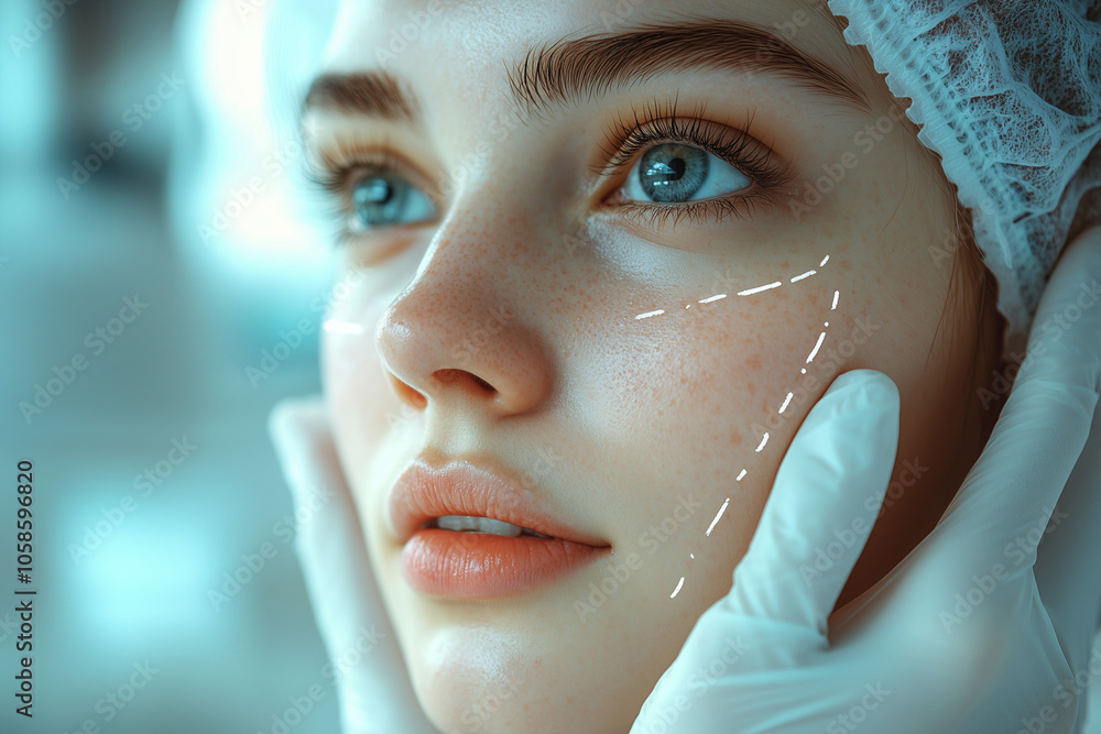 a woman undergoing a cosmetic consultation, her face marked with lines a woman undergoing a cosmetic consultation, her face marked with lines