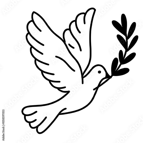 Doves with olive branch Hand drawn Christmas Winter christianity religion graphic vector illustration isolated on white background color editable 