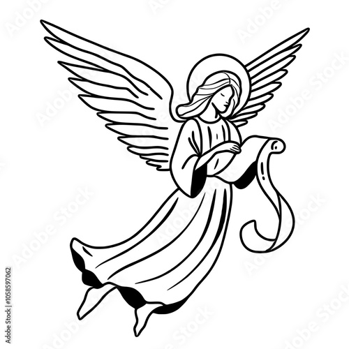 An Angel holding a scroll Hand drawn Christmas Winter christianity religion graphic vector illustration isolated on white background color editable 