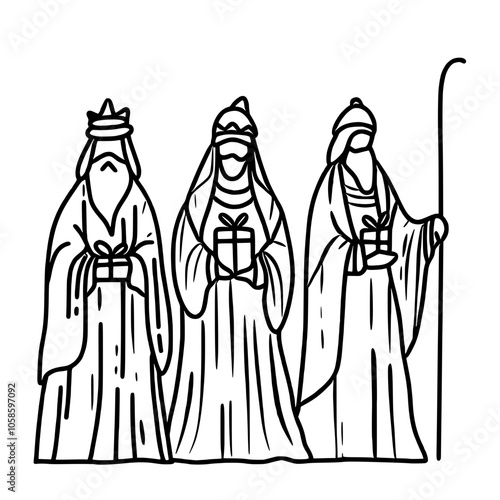 three wise men Nativity Scene Hand drawn Christmas Winter christianity religion graphic vector illustration isolated on white background color editable 