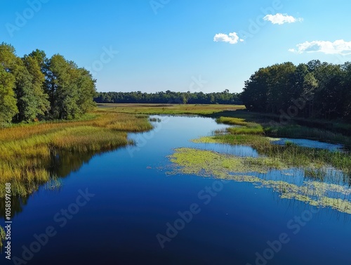 Tranquil river flowing through lush wetlands at midday under a bright blue sky