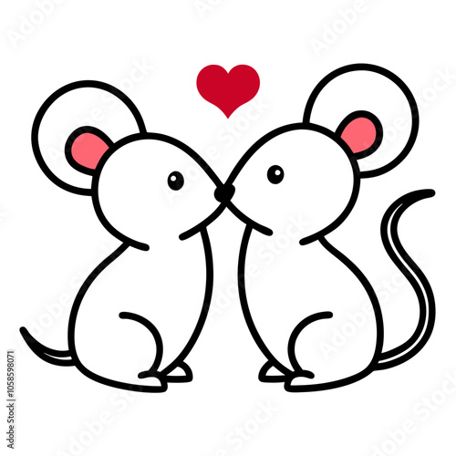 Adorable Mouse Couple Kissing Outline.