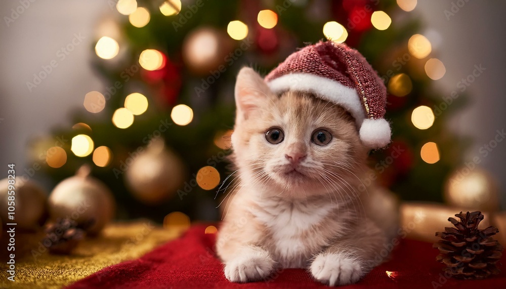 A cute little cat, kitten wearing a santa hat in front of a Christmas tree A cute little cat, kitten wearing a santa hat in front of a Christmas tree