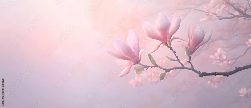 Delicate pink magnolia blossoms on a branch are captured against a dreamy, pastel background with soft focus effects. Generative AI Delicate pink magnolia blossoms on a branch are captured against a dreamy, pastel background with soft focus effects. Generative AI