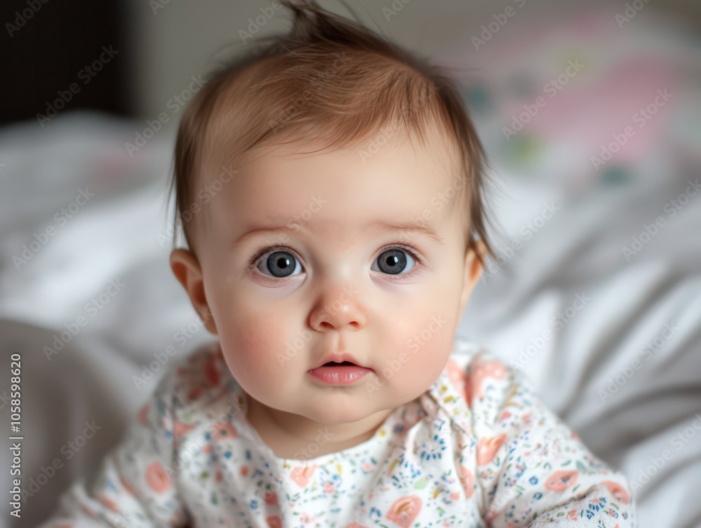 Curious baby with bright blue eyes exploring a cozy bedroom on a soft, sunny morning Curious baby with bright blue eyes exploring a cozy bedroom on a soft, sunny morning