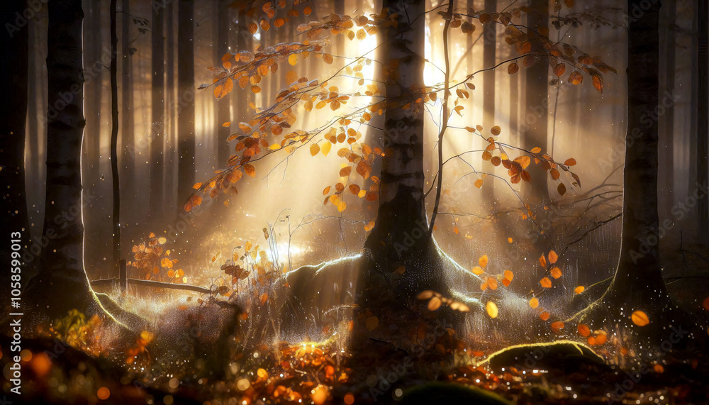 Eine Uralte Eiche empfängt die ersten wärmenden Sonnenstrahlen des Tages. Morgentliche Herbstscene mit Sonnenschein und Dunst. Eine Uralte Eiche empfängt die ersten wärmenden Sonnenstrahlen des Tages. Morgentliche Herbstscene mit Sonnenschein und Dunst.