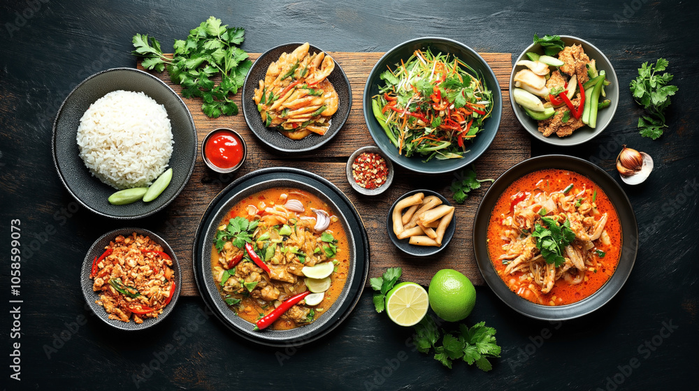 Variety of Thai dishes on a dark table including curry, rice, salad, and fried snacks with herbs and spices. Variety of Thai dishes on a dark table including curry, rice, salad, and fried snacks with herbs and spices.