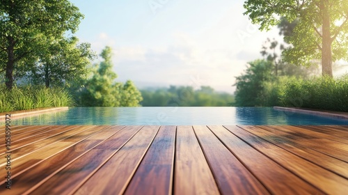 Empty hardwood deck balcony offering a tranquil pool view, perfect for relaxation. The hardwood deck provides an inviting space to enjoy your surroundings. Photo space available. photo