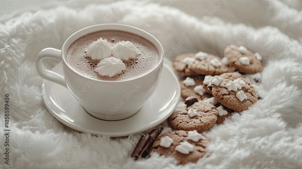 Cozy winter scene created with hot chocolate and cookies, perfect for evoking warmth. Ideal high-quality photo with ample copy space for text or design elements. Cozy winter scene created with hot chocolate and cookies, perfect for evoking warmth. Ideal high-quality photo with ample copy space for text or design elements.