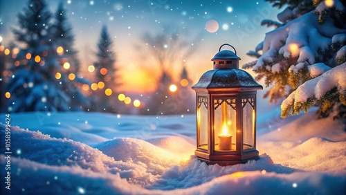 Snow-covered landscape, shimmering candlelight, snowflakes descend.