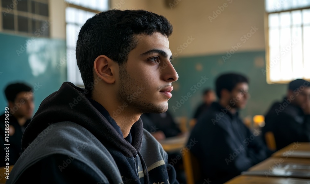 Young man in classroom, looking pensive. Young man in classroom, looking pensive.