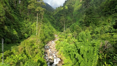 Flying over a river in the rainforest in good light