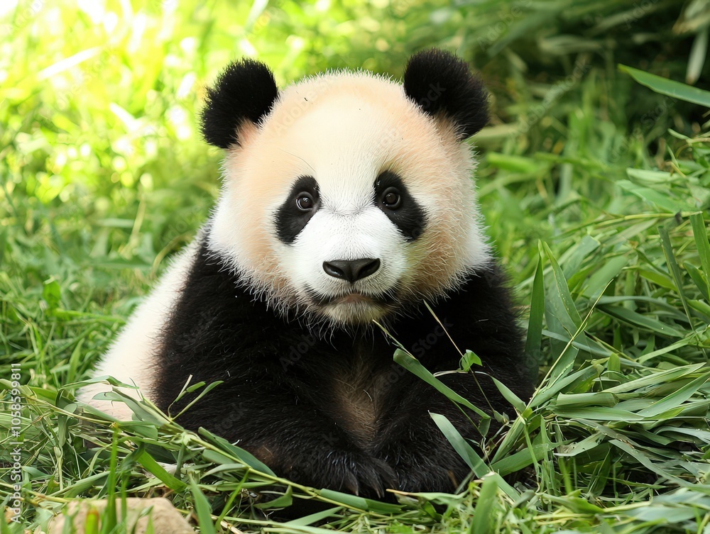 Fototapeta premium A playful panda cub enjoying lush greenery in a vibrant forest habitat