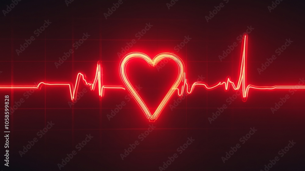 Red neon heart pulse monitor with signal. Heartbeat line, flat EKG ...