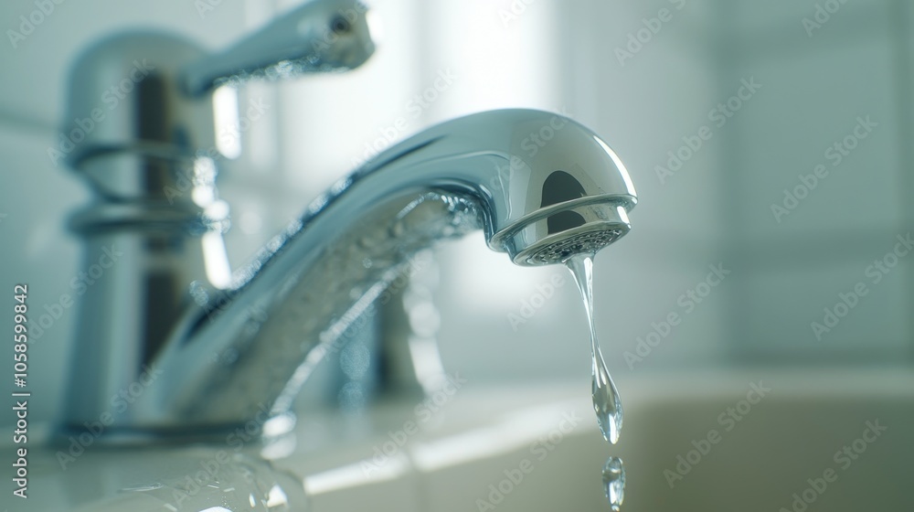 Close-up of a shiny faucet with water flowing into a sink. Close-up of a shiny faucet with water flowing into a sink.