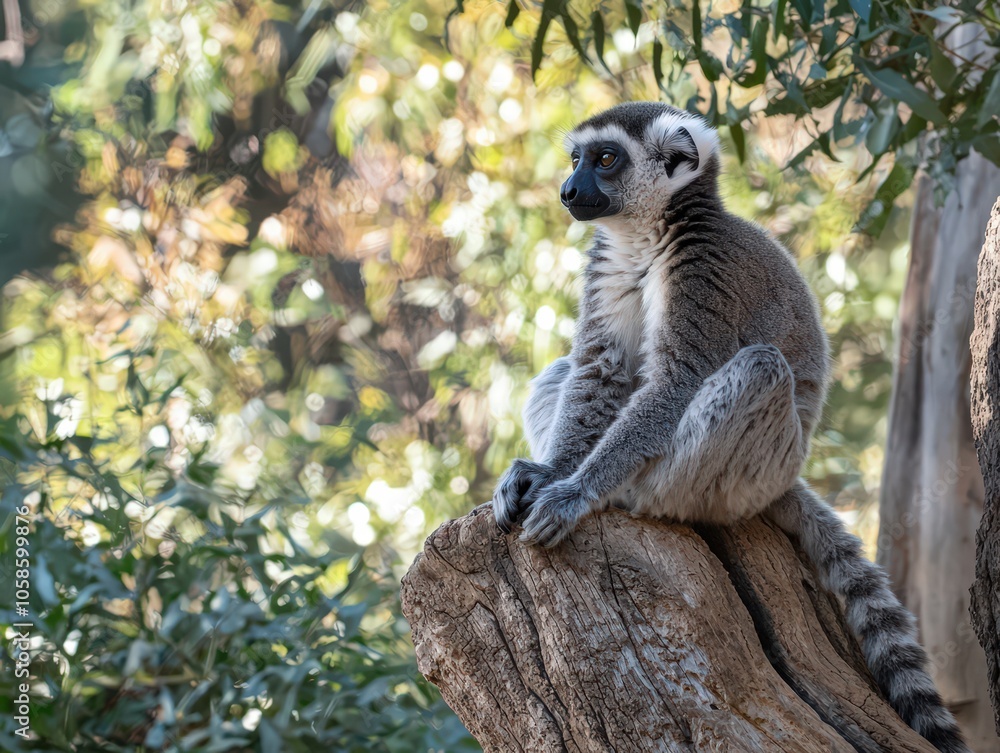 Obraz premium A curious lemur perched on a rock under the sun, surrounded by lush greenery in the afternoon